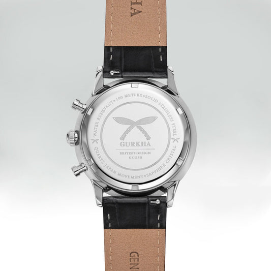 Back view of watch with black leather strap