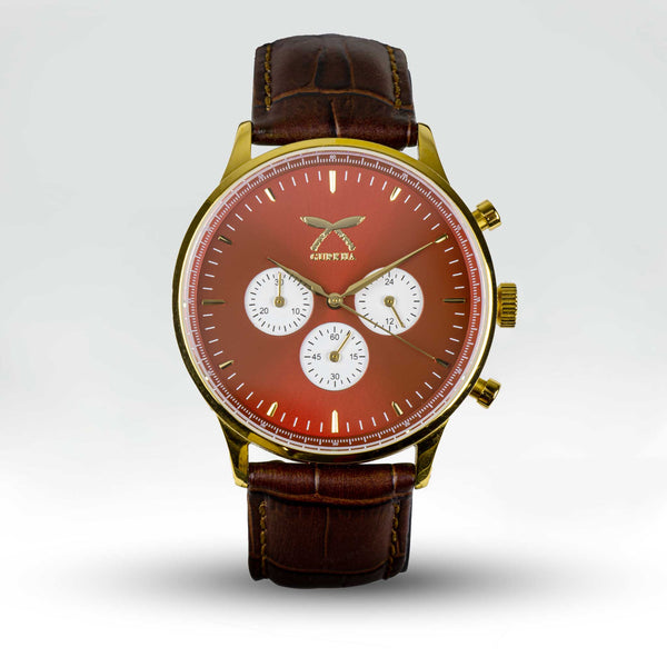 Gold chrono watch with brown leather strap