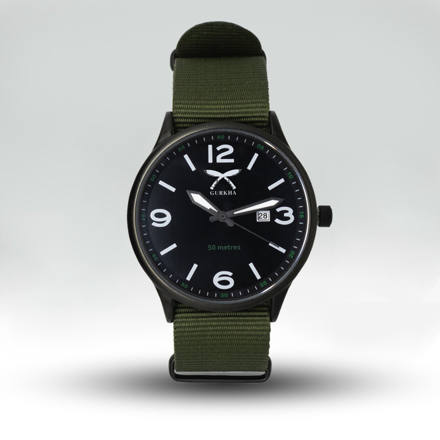 Combat Green watch with black dial and nylon strap