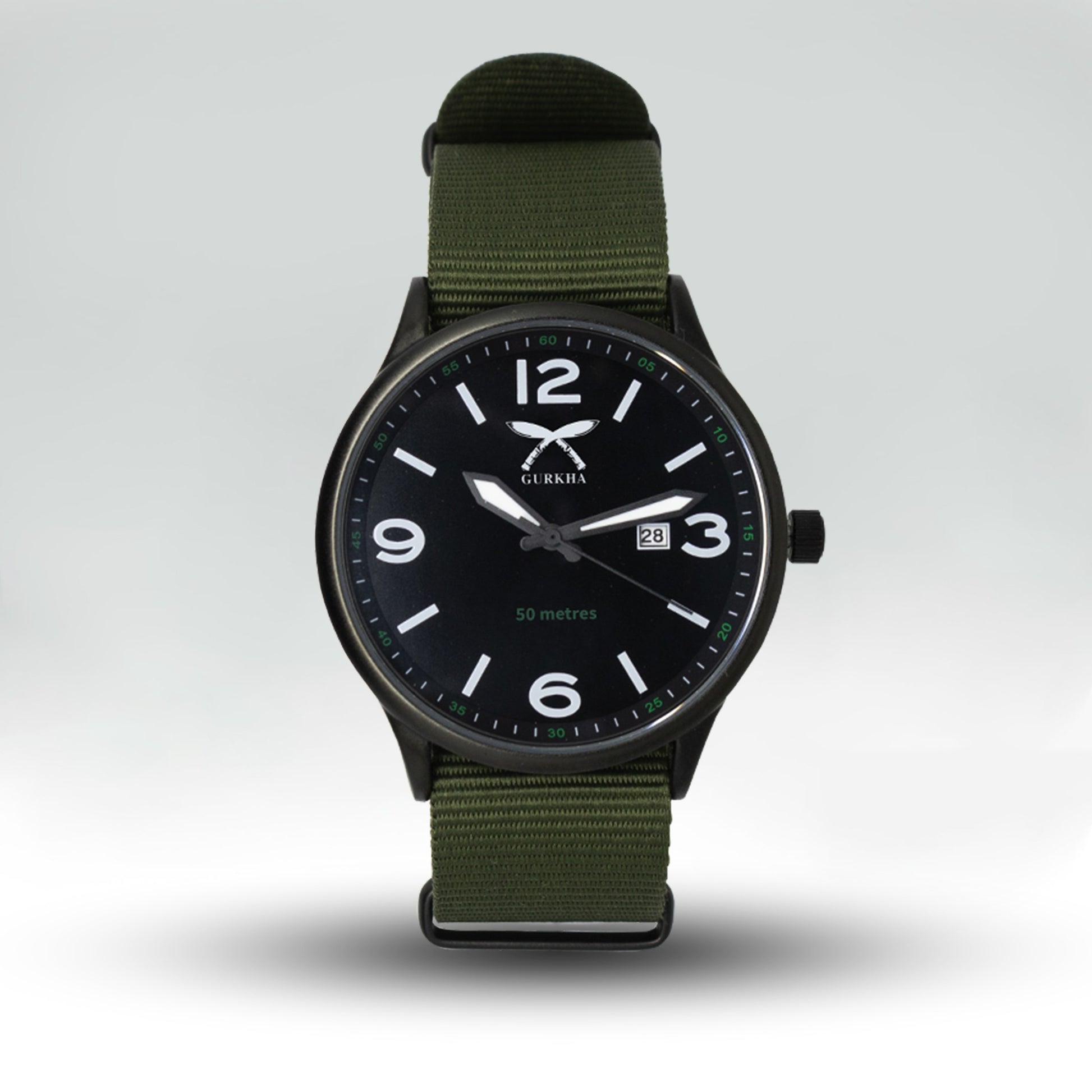 Combat Green watch with black dial and nylon strap