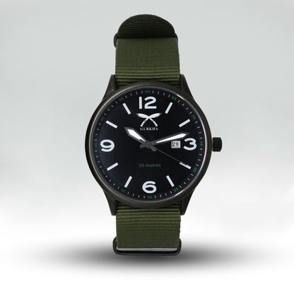 Combat Green watch with black dial and nylon strap