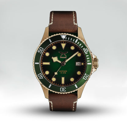 Green dial watch with brown leather strap