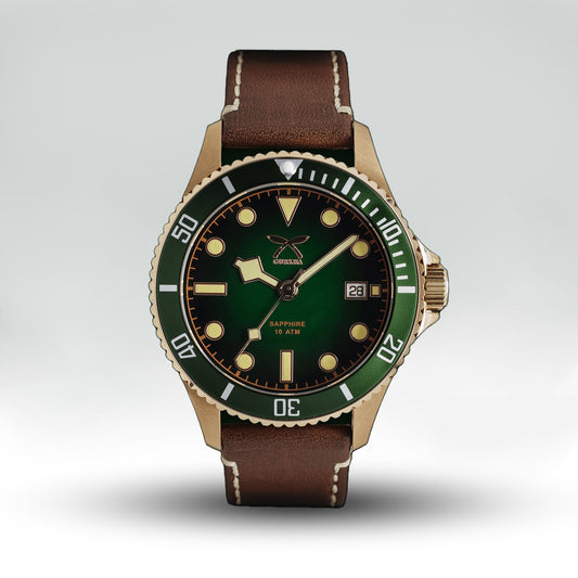 Green dial watch with brown leather strap