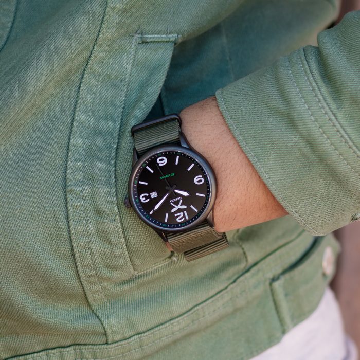 Combat Green watch with nylon strap on wrist