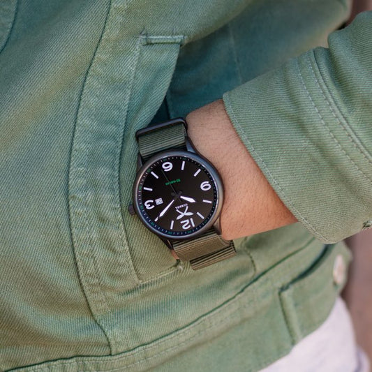 Combat Green watch with nylon strap on wrist