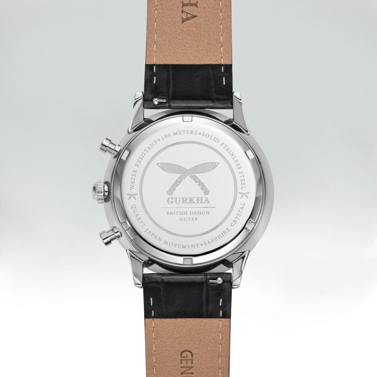 Back view of watch with black leather strap