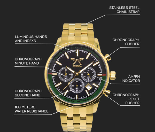 Gold stainless steel chronograph watch with black dial