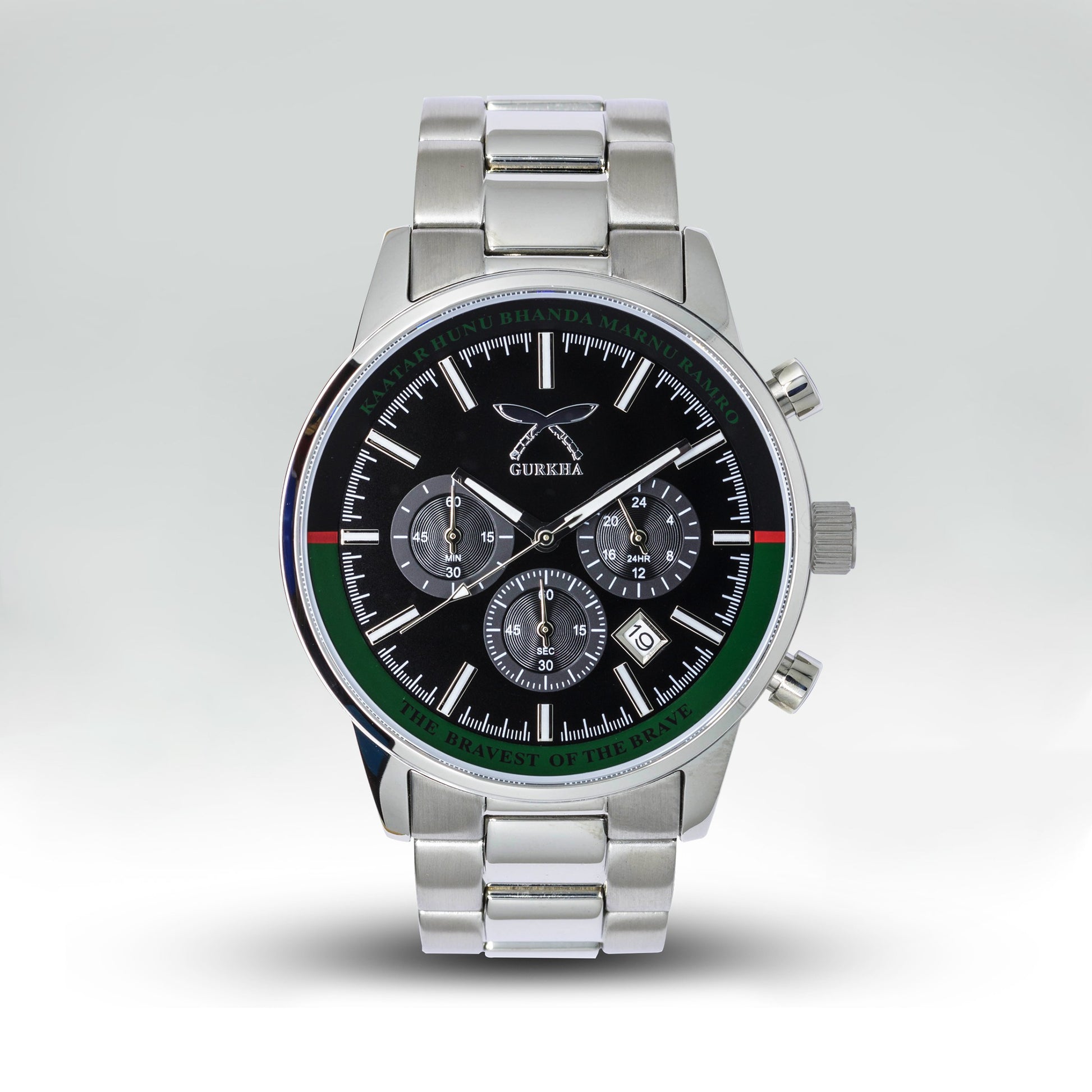 Silver stainless steel chronograph watch with black dial
