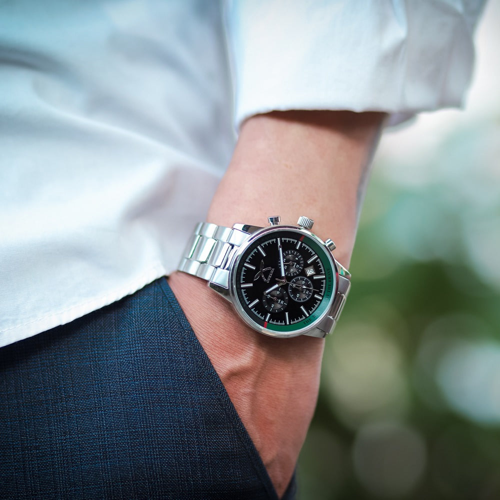 Silver stainless steel chronograph watch on wrist