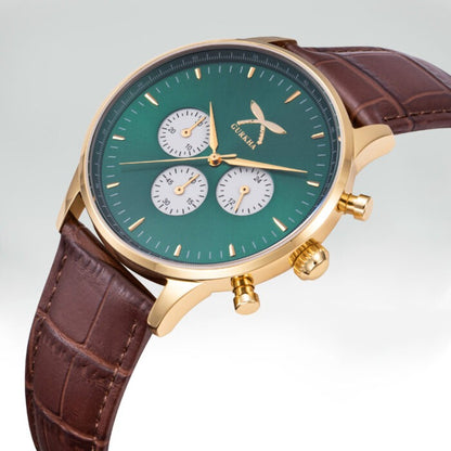 Green dial watch with brown leather strap